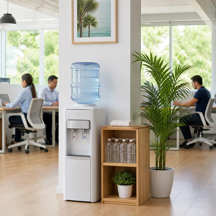 Escena ilustrativa de un dispensador y presentaciones de agua en una oficina