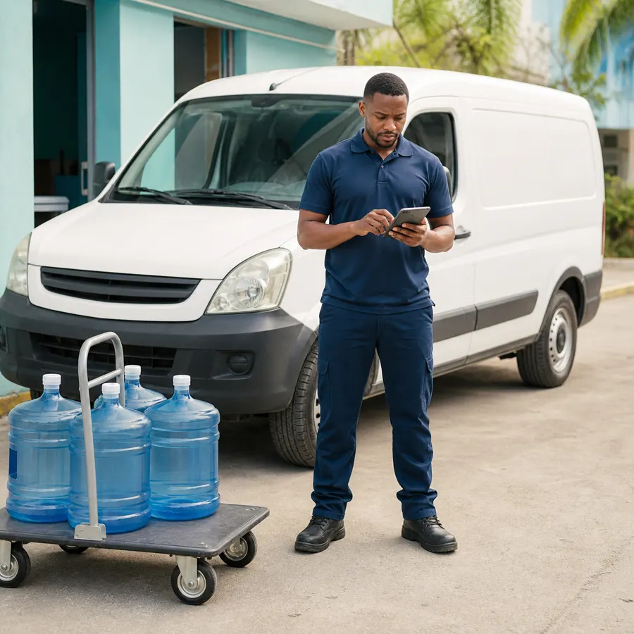 Escena ilustrativa de un trabajador coordinando una entrega de agua